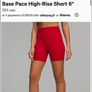 Lululemon Red Base Pace Shorts 6 inch